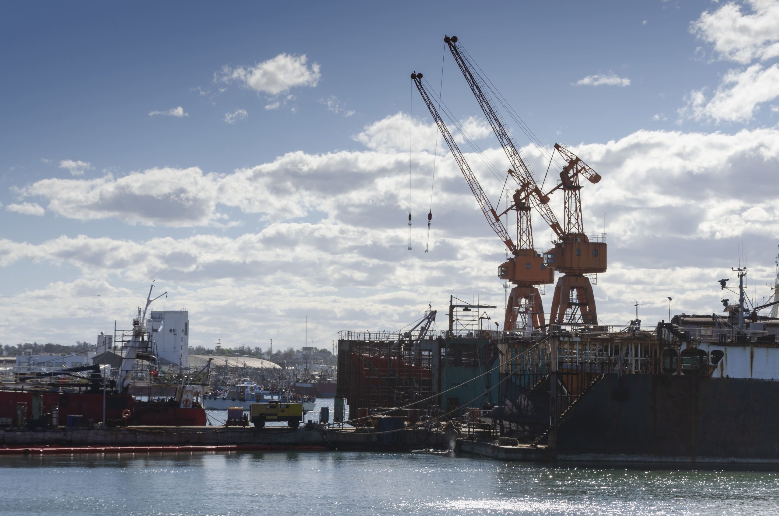 Grúas portuarias y zona industrial en puerto marítimo